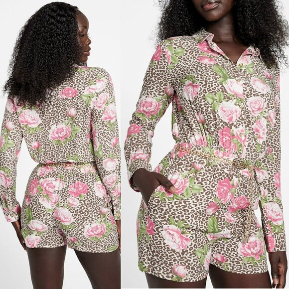 Guess Nina Belted Romper in Pink Carnation Leopard - Picture 1 of 12